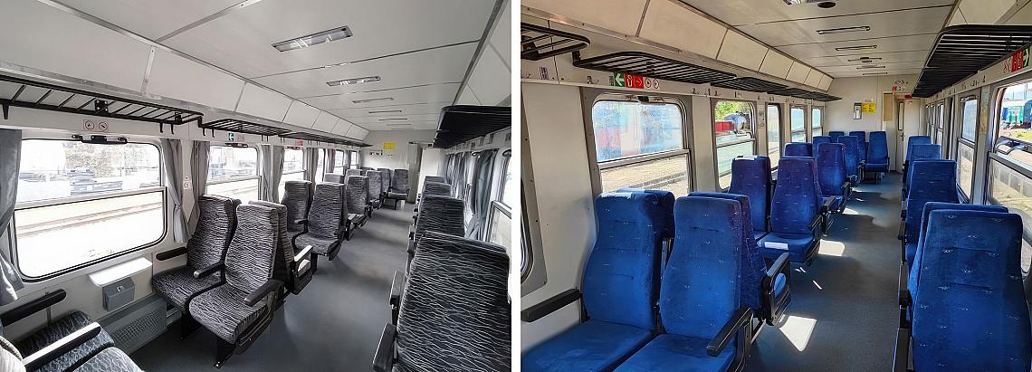 Вагон с нов интериор от 2021 г. и вагон със синя дамаска на седалките от 2023 г.
